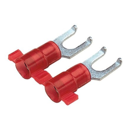 Panduit Fork Terminal, #6 Stud Size, 18 AWG, 600 V, Nylon Insulated, Red, Crimp Termination Only, 3000 PK PN18-6FF-3K